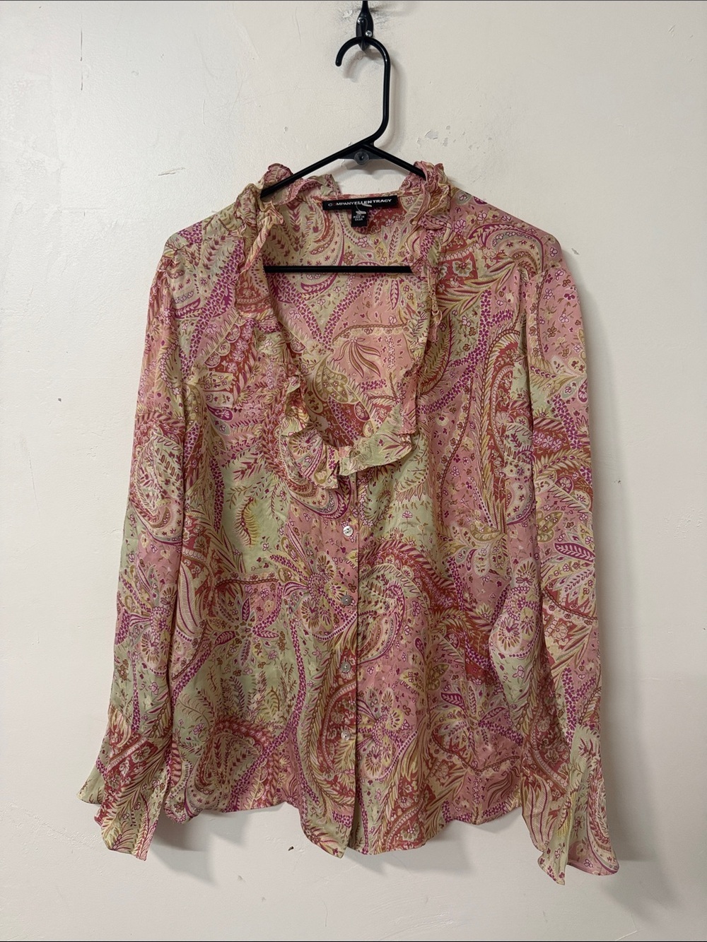 Ellen Tracy Pink and Sage Paisley Ruffle-Trim Button Front Blouse